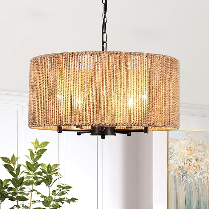 5 Lights Boho Chandelier for Dining Room,19" Hand-Woven Pendant Light Fixture Hanging Rattan Chandelier for Living Room Kitchen Entryway Hallway Foyer, Height Adjustment