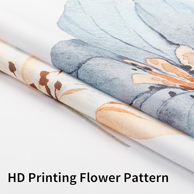 QiyI Flower Shower Curtain with Snap in Liner, Blue Beige Watercolor Floral Cloth Bath Curtain, No Hook Shower Curtains with Mesh Top Window, Fabric Waterproof Bathroom Curtains Set, 72 x 75 Inch