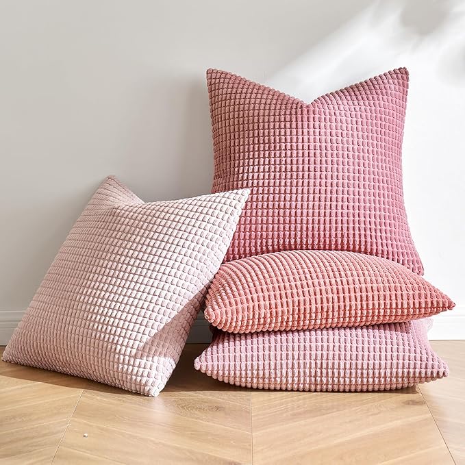 MIULEE Aesthetic Pink Home Decor Pillow Covers 18x18 Inch Set of 4 Romantic Sweet Soft Throw Pillows Coquette Room Decor Corduroy Couch Pillowcases for Sofa Livingroom Bed