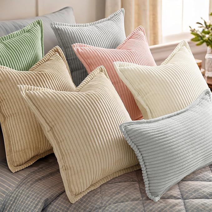 decorUhome Corduroy Light Brown Throw Pillow Covers 12x20 Set of 2 Decorative Soft Boho Farmhouse Lumbar Euro Couch Pillow Covers for Living Room Bed Sofa Broadside Striped Pillow Cases
