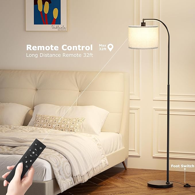 Arc Floor Lamp with Remote and Stepless Dimmable Bulb, Colors Temperature & Brightness Adjustable, Floor Lamps for Living Room（Grey Shade & Black Pole）