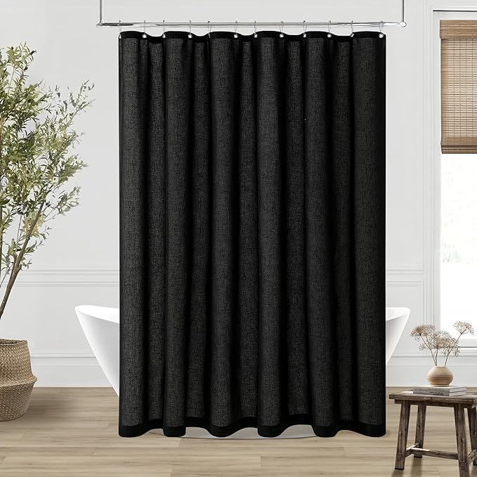 Extra Long Black Linen 84 Inch Shower Curtain Neutral Modern Bath Curtain Set 84 Inch Long with Hooks XLong Tall Farmhouse Boho Modern Drapes for Bathroom Black 72x84