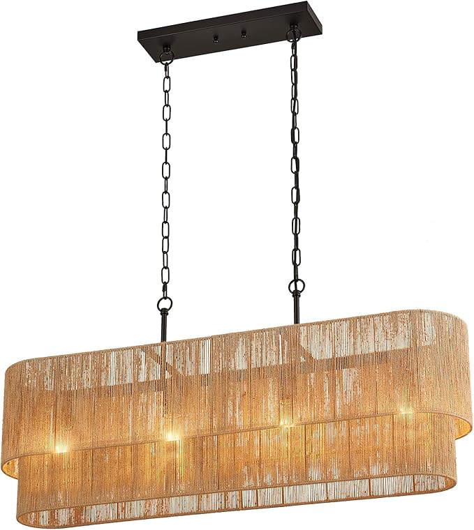 42” Boho Chandelier Coastal 2 Layers Hand Woven Rattan Pendant Light Linear Large Island Light for Dining Room Kitchen Island Living Room, UL Listed