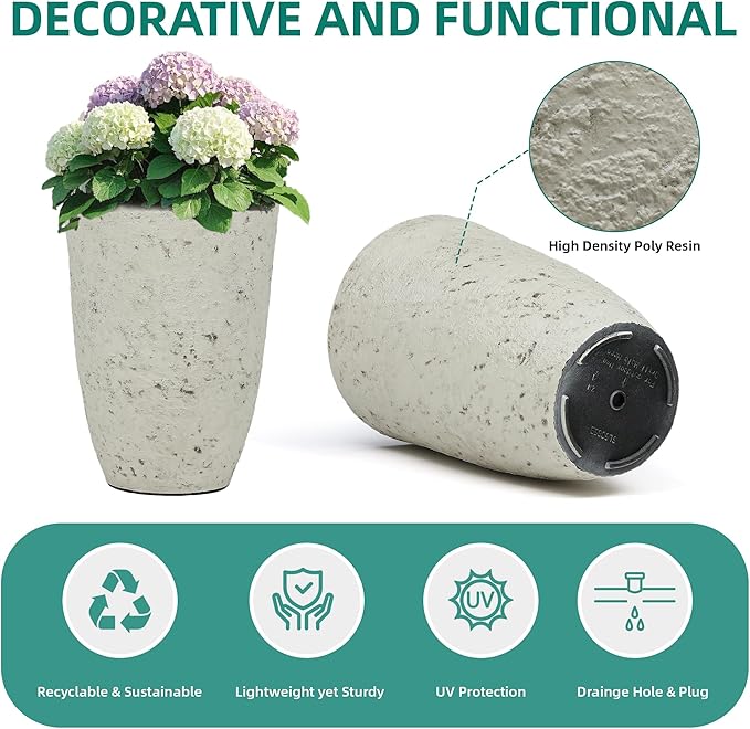 19.5" H Resin Tall Outdoor Planters, Set of 2 Country White Large Flower Pots with Handmade Birch Bark Texture, Heavy-Duty and Weather-Resistant for Year Round Indoor/Outdoor Space
