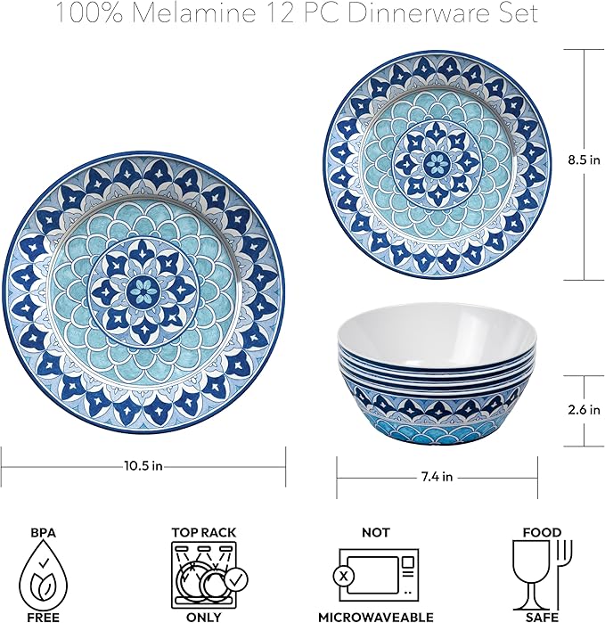 Blue Fontana 12-Piece Melamine Dinnerware Set, 4 Dinner Plates, 4 Salad Plates, 4 Bowls, Dishwasher Safe, Durable