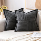 MIULEE Dark Grey Corduroy Pillow Covers 16x16 Inch with Splicing Set of 2 Soft Boho Striped Pillow Covers Broadside Decorative Textured Pillowcases for Couch Cushion Bed Livingroom