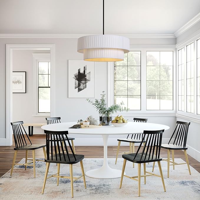 LamQee 20” Modern Drum Chandelier, 2-Tier Semi-Flush Mount Pendant Light Fixtures 3-Light with White Fabric Lampshades, Matte Black Fixtuer Hang Ceiling Lamp