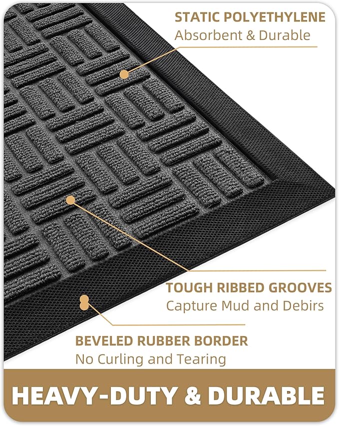 Color&Geometry Front Door Mat Outside Entrance, Heavy Duty Non Slip Low Profile Doormat for Entryway, Trap Dirt and Moisture Welcome Mats All-Weather, Easy Clean, Patio, Garage, 24"x48" Grey