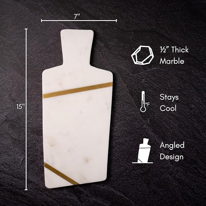 Cork & Mill Marble Cheese Board for Charcuterie, Large Decorative Stone Cutting Board, 15" Long Charcuterie Tray, Unique Gold and White Decorative Meat and Cheese Serving Tray with Handle