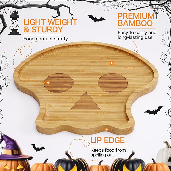 WILLKOMMEN Halloween Serving Tray, Skull Shaped Charcuterie Board, Bamboo Serving Platter 10" x 9" for Party Child Spooky Appetizer Board Serving Dish for Cheese,Snacks,Candy,Cookies