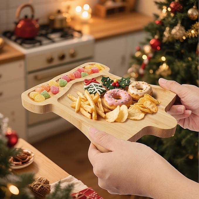 TJ POP Christmas Bell-Shaped Bamboo Serving Platter, Holiday Decorative Jingle Bell Candy Snack Tray, 10” x 9” Natural Wood Serving Tray Cute Charcuterie Board for Cheese, Cookies & Festive Displays