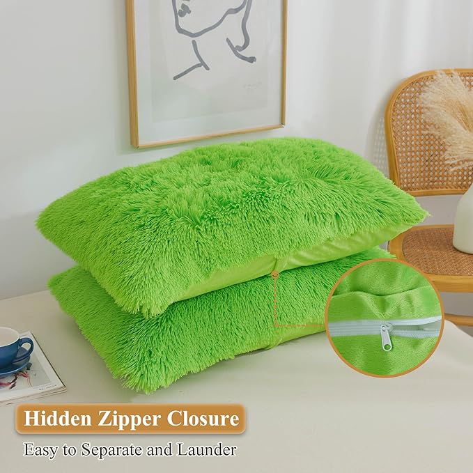 XeGe Faux Fur Throw Pillow Covers, Luxury Fluffy Plush Green Pillow Shams, Shaggy Furry Decorative Pillow Fuzzy Cushion Cover for Sofa Bed Couch, Zipper Closure, Pack of 2(18''x18'', Lime Green)