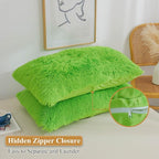 XeGe Faux Fur Throw Pillow Covers, Luxury Fluffy Plush Green Pillow Shams, Shaggy Furry Decorative Pillow Fuzzy Cushion Cover for Sofa Bed Couch, Zipper Closure, Pack of 2(18''x18'', Lime Green)