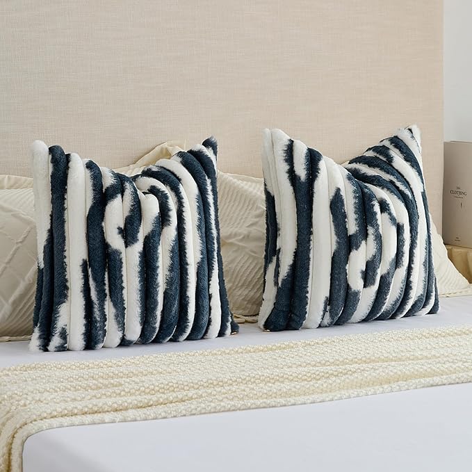 FUTEI Navy Blue Decorative Throw Pillow Covers 24x24 Inch Set of 2, Soft Tie-Dye Faux Rabbit Fur Striped Texture European Cushion Case, Modern Home Decor for Couch Bed Living Room