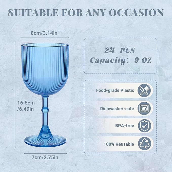 Plastic Wine Glasses 9oz Set of 24, Blue Ribbed Vintage Goblets Unbreakable Reusable BPA-Free Stemmed Drinking Glasses for Parties, Weddings & Events