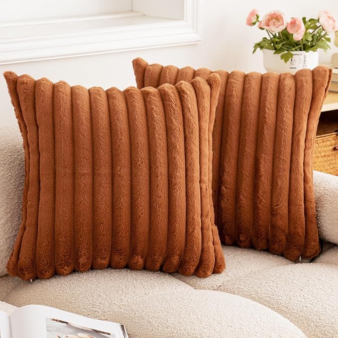 Double-Sided Faux Fur Plush Throw Pillow Covers 22x22 Set of 2 Fuzzy Striped Soft Cozy Pillowcase Luxury Decorative Pillows Square Fluffy Cushion Covers for Couch Sofa Bed,Brown