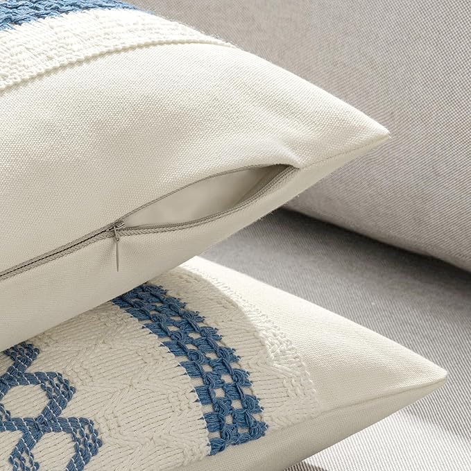 MIULEE Set of 2 Coastal Blue Boho Decorative Pillow Covers 16x16 Inch Farmhouse Rustic Couch Throw Pillows Modern Cotton Cushion Covers Retro Cute Macrame Woven Home Decor for Bed Sofa Chair