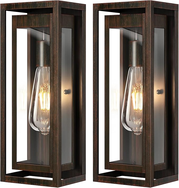 15" Large Outdoor Light Fixture Wall Mount, 2 Pack Distressed Brown Outdoor Sconce Lights, Modern Waterproof Exterior Porch Lights with Clear Glass Shade for Front Door, Garage