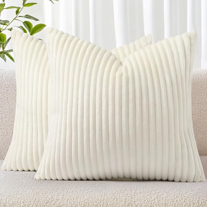 Simmore Decorative Fall Throw Pillow Covers 18x18 Set of 2, Soft Natural Plush Flannel Double-Sided Fluffy Couch Pillow Covers for Sofa Living Room, Cream White
