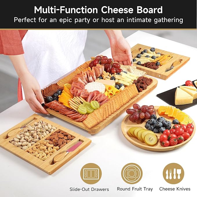 Bamboo Cheese Board Set with Marble, Large Charcuterie Boards and Knife Set, Cheese Platter with 2 Drawers, Include Round Fruit and Meat Cutting Board, Housewarming Gift