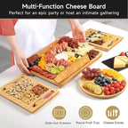 Bamboo Cheese Board Set with Marble, Large Charcuterie Boards and Knife Set, Cheese Platter with 2 Drawers, Include Round Fruit and Meat Cutting Board, Housewarming Gift