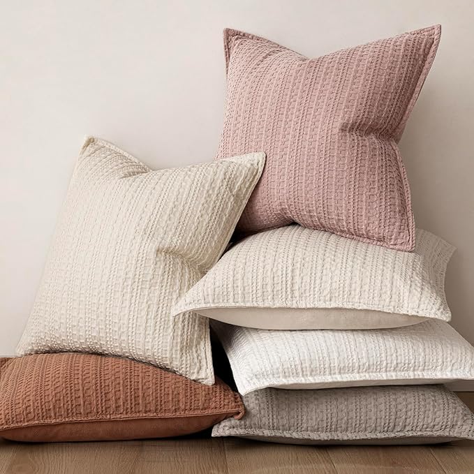 Foindtower Set of 2 Decorative Cotton Waffle Weave Throw Pillow Covers Euro Shams Cushion Covers Accent European Pillowcase for Bed Couch Sofa Bedroom Living Room Home Decor 22×22 Inch Dusty Pink