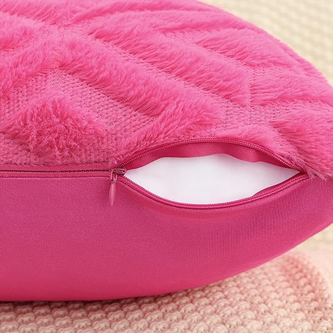 Pallene Hot Pink Throw Pillow Covers 16x16 Set of 2, Soft Plush Faux Fur Decorative Couch Pillow Covers for Sofa Bed Living Room Pillow Cases with 3D Diamond Pattern
