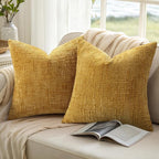 decorUhome Mustard Yellow Chenille Throw Pillow Covers 18x18 Set of 2 Thick Textured Slubby Couch Pillow Covers Farmhouse Accent Modern Neutral Decorative Pillow Cases for Bed Sofa Living Room