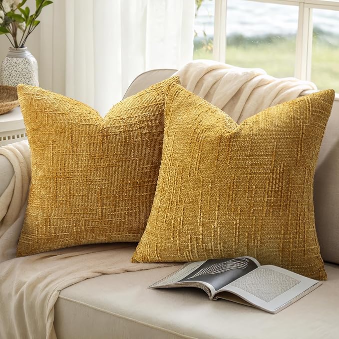 decorUhome Mustard Yellow Chenille Throw Pillow Covers 18x18 Set of 2 Thick Textured Slubby Couch Pillow Covers Farmhouse Accent Modern Neutral Decorative Pillow Cases for Bed Sofa Living Room