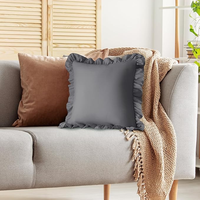 KKJIAF Ruffle Pillow Cases 18x18 Inches, Grey Square Ruffled Pillow Covers Set of 2, Microfiber Wrinkle Resistant Pillow Shams with Envelope Closure for Sofa Bed Living Room
