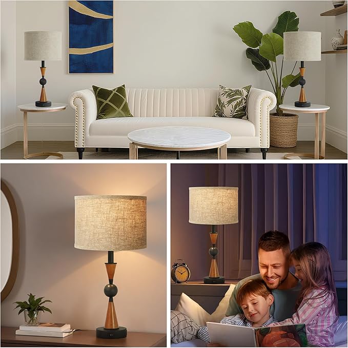 23'' Modern Table Lamps Set of 2 - Farmhouse Bedside Lamps for Bedroom with USB A+C, Wooden Lamps for Night Stands, Lamp for Living Room End Tables