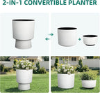 16.75"H Urn-Style Tall Planters, 2-Pack Modern Large Flower Pots for Outdoor Indoor, 2-in-1 Design Plant Containers for Garden Patio Yard Balcony Porch or Home Decor, White Terrazzo, UV-Protect