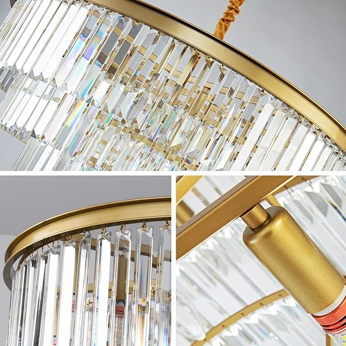 Gold Modern Crystal Chandelier, 5-Tier Round Flush Mount Ceiling Light Fixtures Height Adjustable Pendant Lighting for Dining Room Living Room Bedroom Kitchen Hotel Foyer