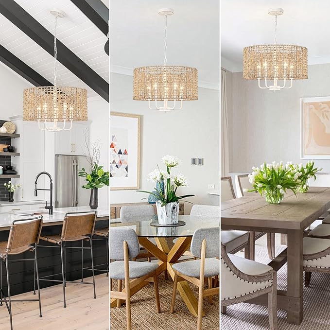 Rattan Chandelier 5-Light Farmhouse Boho Pendant Light Fixture for Dining Room Brown and White Woven Chandeliers for Ceiling Light,Bedroom,Living Room,Foyer,Kitchen Island,Coastal,Stairway,Hallway