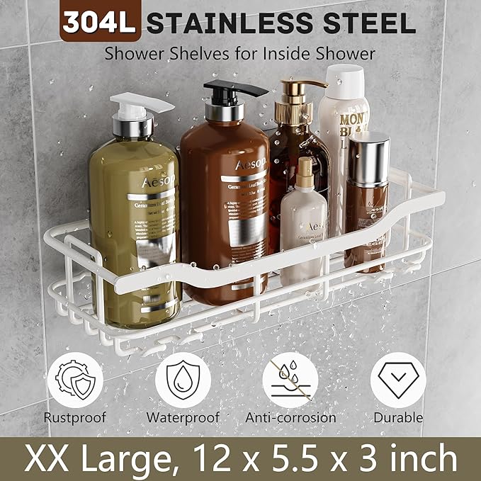 OMAIRA 3-Pack Shower Caddy with Soap Holder, Adhesive Rustproof No-drill Strudy Loading Inside Shower Organizer Shelves Rack Storage Bathroom Organization for Smooth Wall Glass Tile, White (X-Large)