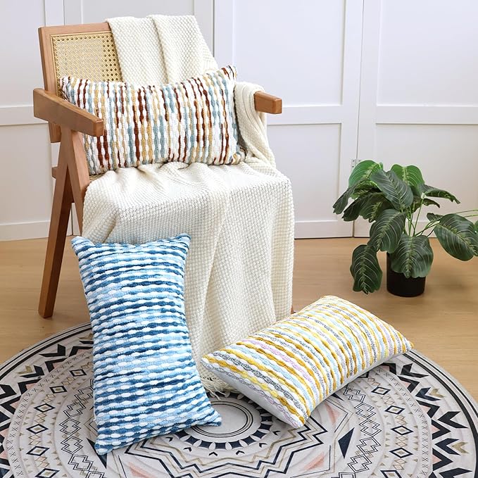 Boho Decorative Throw Pillow Covers 12x20 Inch, Chenille Tufted Pillow Cover Stripe Textured Lumbar Farmhouse Accent Pillowcase for Couch Sofa Bedroom Living Room, Red White Khaki Grey 2 Pack