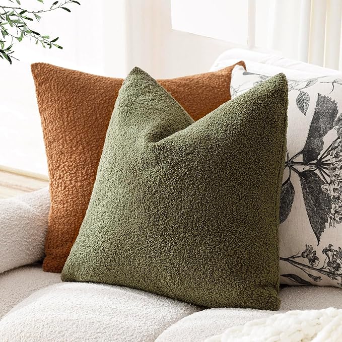 Foindtower Pack of 2, Curly Faux Fur Decorative Throw Pillow Covers Soft Neutral Plush Cushion Case with Zipper Cozy Modern Pillowcase for Home Living Room Couch Bed Sofa 20 x 20 Inch, Moss Green