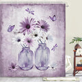 Rustic Farmhouse Purple Floral Shower Curtain, Violet Daisy Flowers Butterfly Dragonfly on Abstract Aesthetic Country Wooden Boho Shower Curtain Set, White Bathroom Accessory Sets with Hooks, 47X64