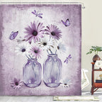 Rustic Farmhouse Purple Floral Shower Curtain, Violet Daisy Flowers Butterfly Dragonfly on Abstract Aesthetic Country Wooden Boho Shower Curtain Set, White Bathroom Accessory Sets with Hooks, 60X70