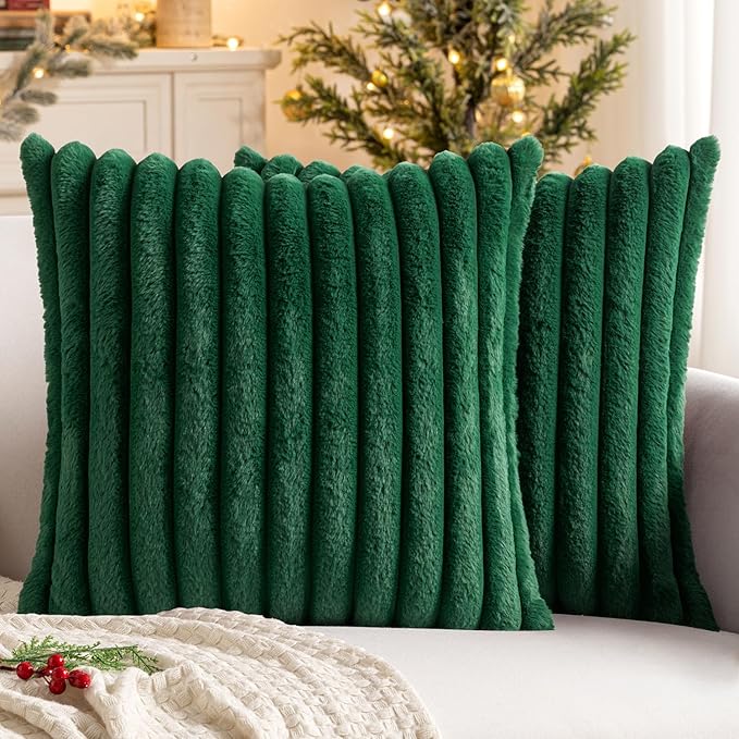 MIULEE Faux Fur Christmas Decorative Throw Pillow Covers 20x20 Inch Set of 2, Modern Spring Home Decor Soft Plush Couch Pillows Cozy Fluffy Cushion Covers for Sofa Bed Dark Green