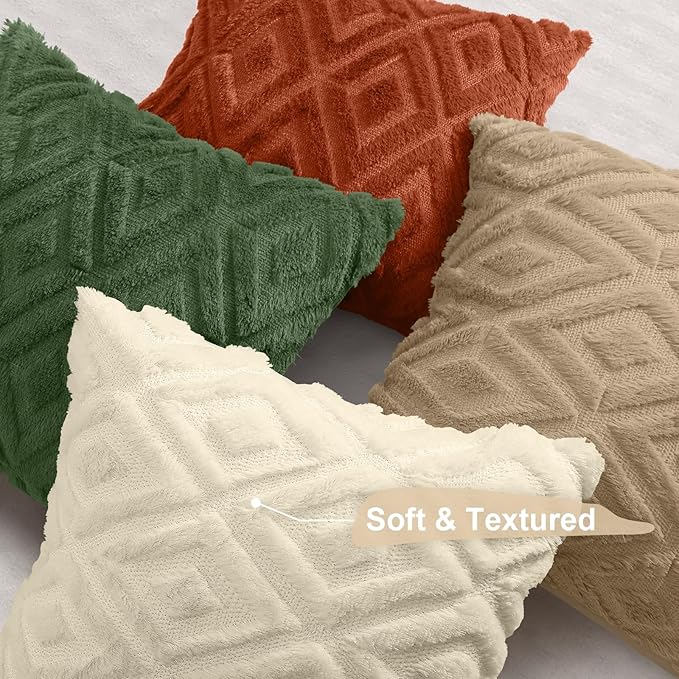 decorUhome Pack of 4 Faux Fur Throw Pillow Covers 20x20, Soft Decorative Couch Pillow Covers with Velvet Back for Modern Sofa Living Room, Khaki/Rust