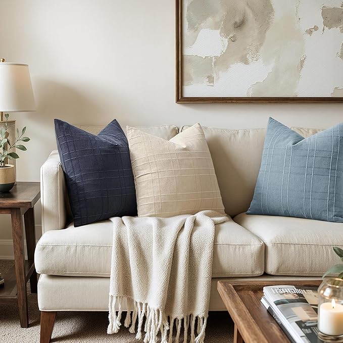MIULEE Decorative Linen Check Euro Shams Throw Pillow Covers Neutral Farmhouse Vintage Pillow Covers 24x24 Set of 2 Boho Modern Home Decor for Sofa Couch Bedroom Cushion Navy Blue