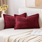 MIULEE Christmas Decorative Lumbar Throw Pillow Covers for Couch Bed Livingroom 12x20 Inch Set of 2 Burgundy Boho Accent Throw Pllows Broadside Striped Patchwork Soft Corduroy Pillowcases