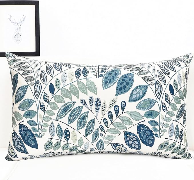 Decorative Throw Pillow Covers Set of 2 Blue Green Small Leaves Pillow Covers 12x20 inch Soft Short Plush Square Floral Throw Pillows,Farmhouse Outdoor Pillow Covers for Couch Living Room