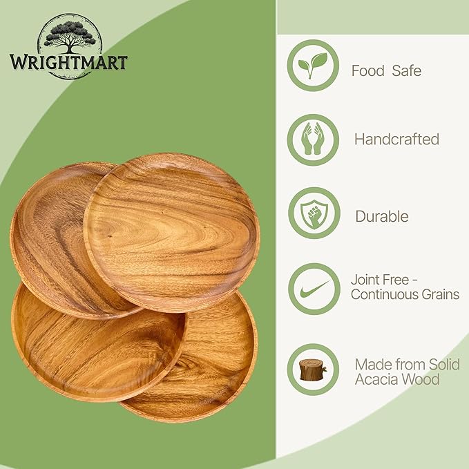 Acacia Wooden Plates – Set of 4, 8” Round Rustic Side Dish & Dessert Plates, Handcrafted Natural Tableware for Appetizers, Snacks, Dining, or Gift