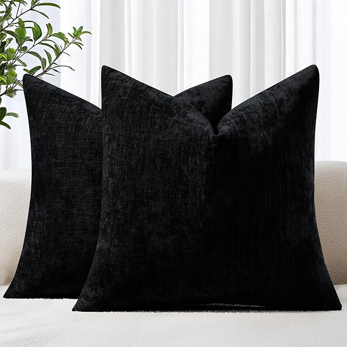 decorUhome Chenille Black Throw Pillow Covers 26x26 Inch Set of 2, Decorative Soft Couch Pillow Covers Solid Dyed Accent Velvet Farmhouse Neutral Square Pillow Cases for Sofa Bed Living Room