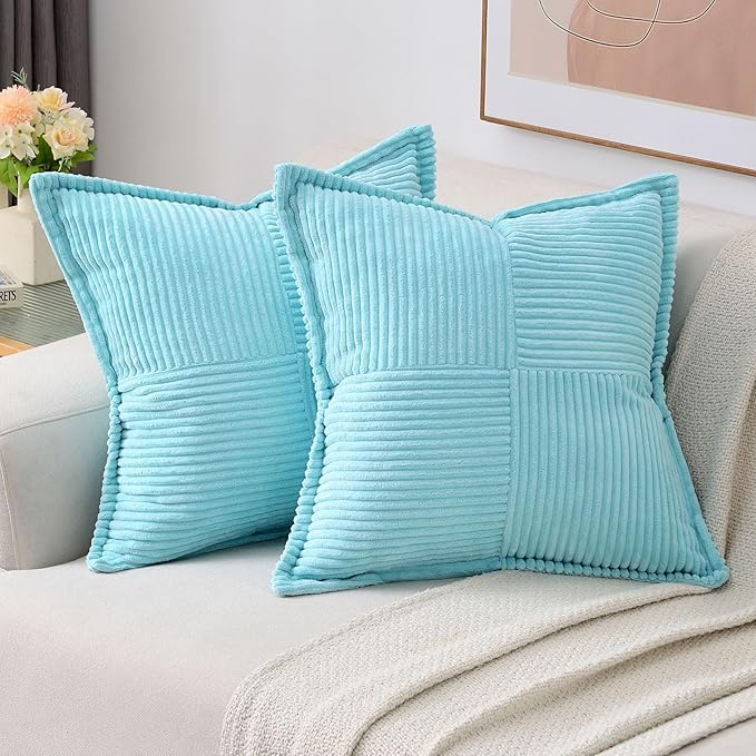 HAUSSY Light Blue Large Decorative Throw Pillow Covers 26x26 Inch Set of 2,Soft Solid Corduroy Striped Cushion Case,Square Euro Pillow Shams,Winter Home Decorations for Couch,Bed