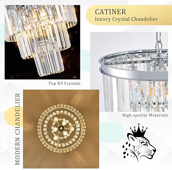 Modern Chrome Crystal Chandeliers 16" Small Pendant Light Luxury 3 Tiers 6-Light K9 Crystal Ceiling Pendant Round Light Fixture for Dining Room Entryway Kitchen Bedroom Closet
