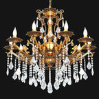 Luxury Copper Crystal Chandelier, 32" Vintage K9 Crystal Pendant Light with 10 Lights, Antique Brass Ceiling Light Fixture with Scrolled Arms for Dining Room Living Room Foyer Villa Hotel