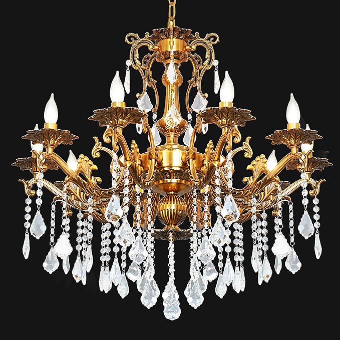 Luxury Copper Crystal Chandelier, 32" Vintage K9 Crystal Pendant Light with 10 Lights, Antique Brass Ceiling Light Fixture with Scrolled Arms for Dining Room Living Room Foyer Villa Hotel